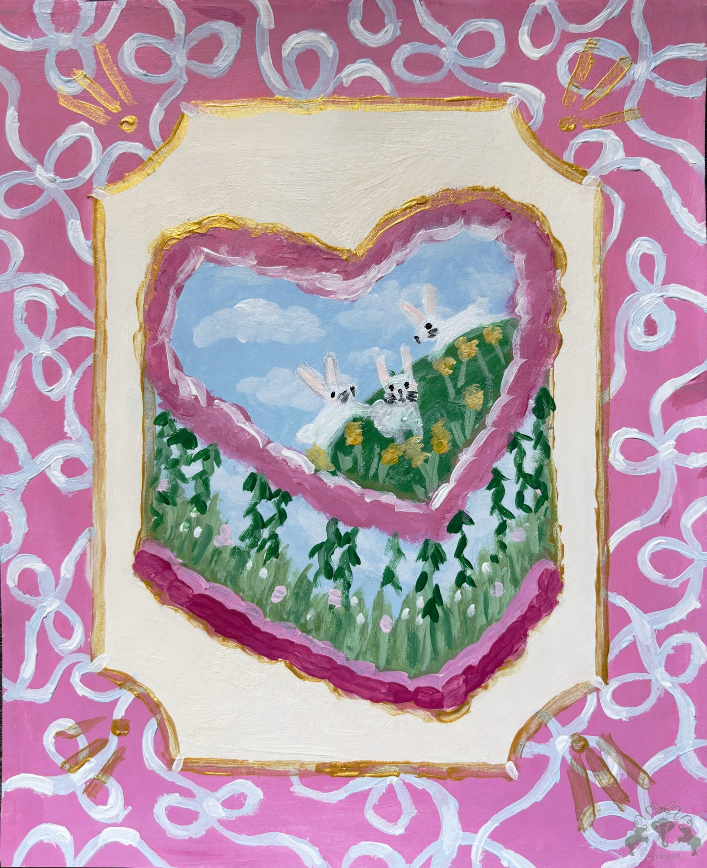 Bunnies Heart Cake Painting Postcard